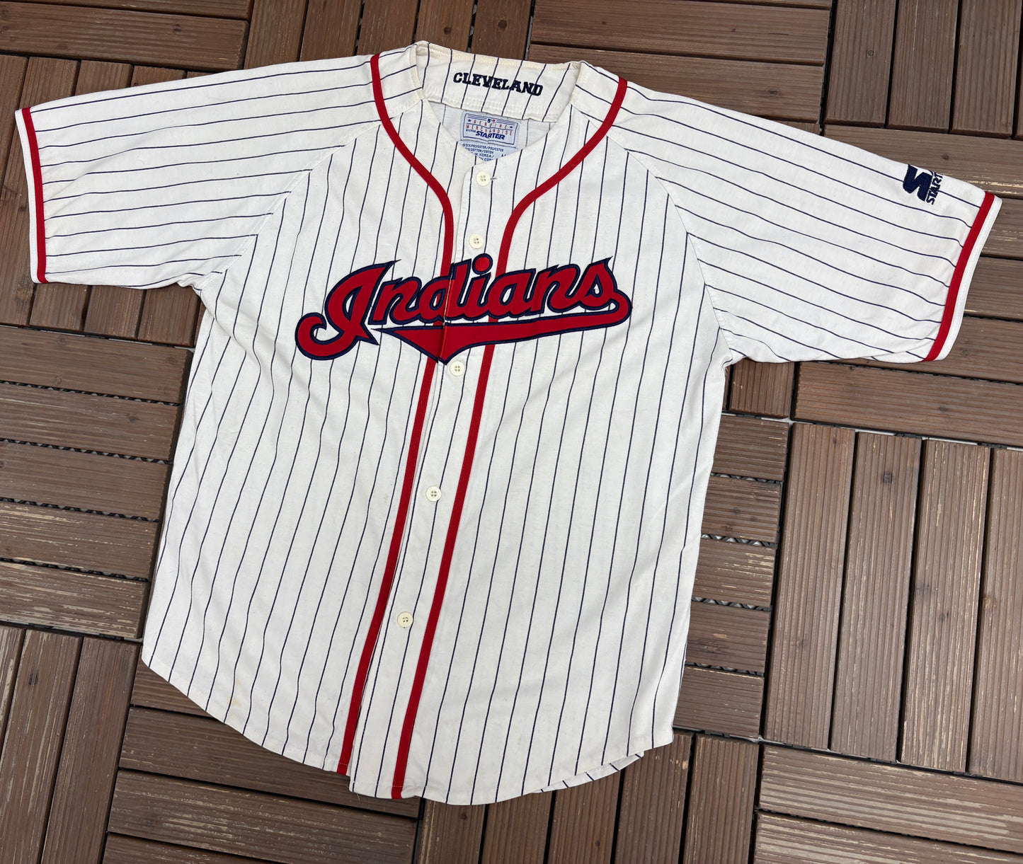 Cleveland Indians Pinstripe Baseball Jersey | Size Medium | Vintage 1990s Starter White Baseball Jersey |