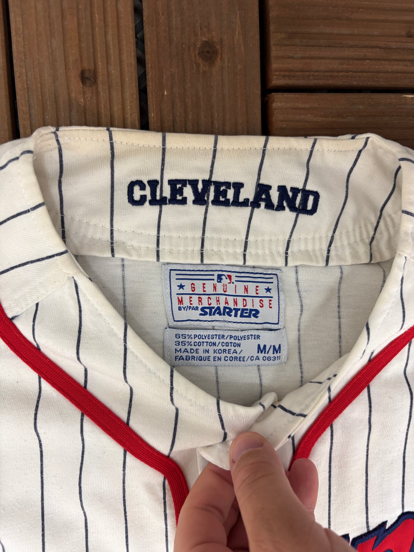 Cleveland Indians Pinstripe Baseball Jersey | Size Medium | Vintage 1990s Starter White Baseball Jersey |