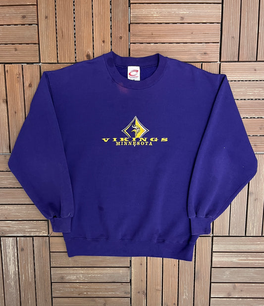 Minnesota Vikings Embroidered Graphic Crewneck | Size Large | Vintage 1990s NFL Football Purple Sweater |