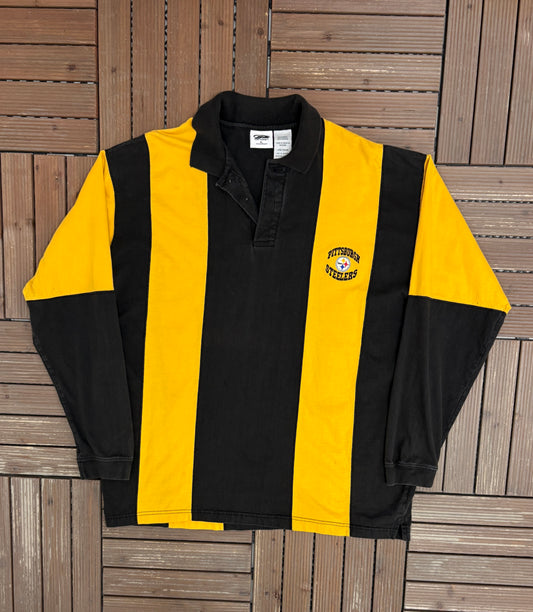 Pittsburgh Steelers Graphic Rugby Shirt | Size Large | Vintage 1990s Football Black Long Sleeve |