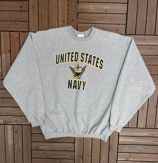 United States Navy Graphic Crewneck | Size X-Large | Vintage 1990s Made in USA Grey Sweater |