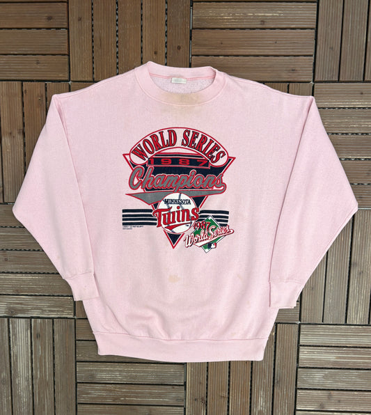 Minnesota Twins World Series Champions 1987 Graphic Crewneck | Size X-Large | Vintage 1980s MLB Baseball Pink Sweater |