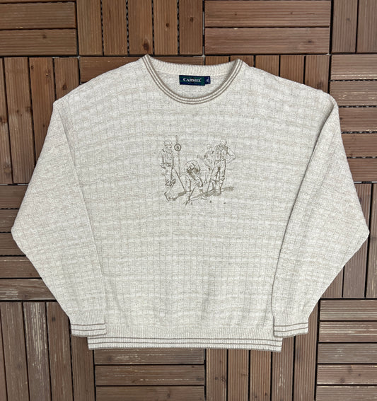 Golf Embroidered Graphic Knit Sweater | Size X-Large | Vintage 1990s White Knit Sweatshirt |