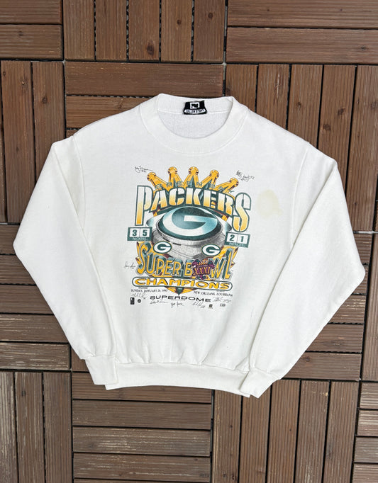 Green Bay Packers Super Bowl XXXI Champions Graphic Crewneck | Size Small | Vintage 1990s NFL Football White Sweater |