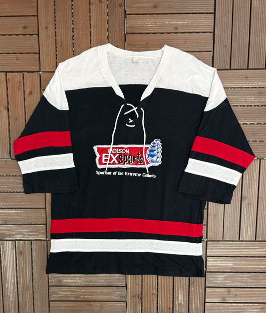 Molson Ex Sports Graphic Tee | One Size | Vintage 1990s Promotional Black 3/4 Sleeve |