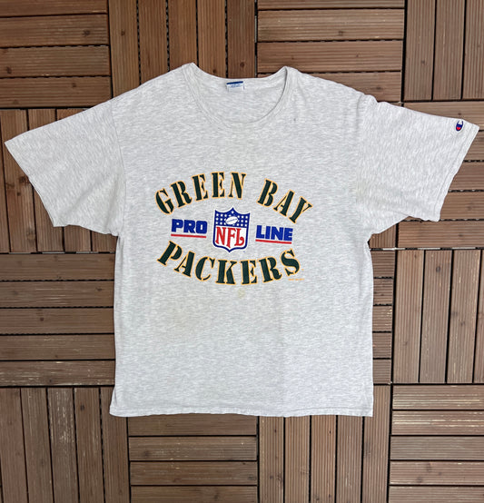 Green Bay Packers Graphic Tee | Size X-Large | Vintage 1990s Champion NFL Football Grey T-Shirt |