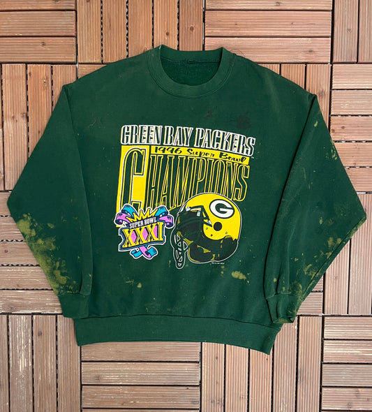 Green Bay Packers Super Bowl Champions Graphic Crewneck | Size Large | Vintage 1990s NFL Football Green Sweater |