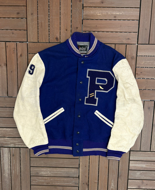 Whiting Letterman "P" Graphic Jacket | Size 42 | Vintage 1970s Varsity Blue Jacket |