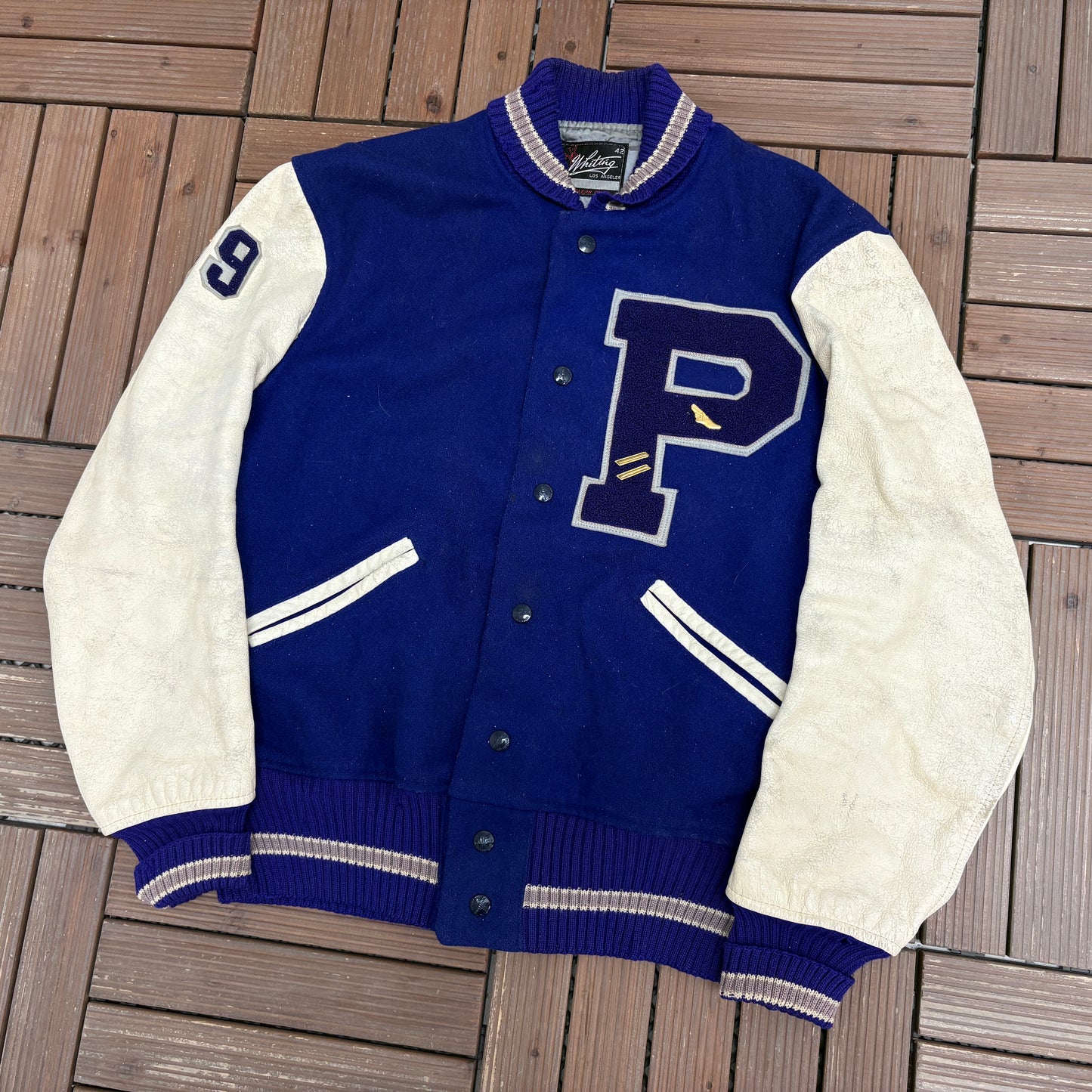 Whiting Letterman "P" Graphic Jacket | Size 42 | Vintage 1970s Varsity Blue Jacket |