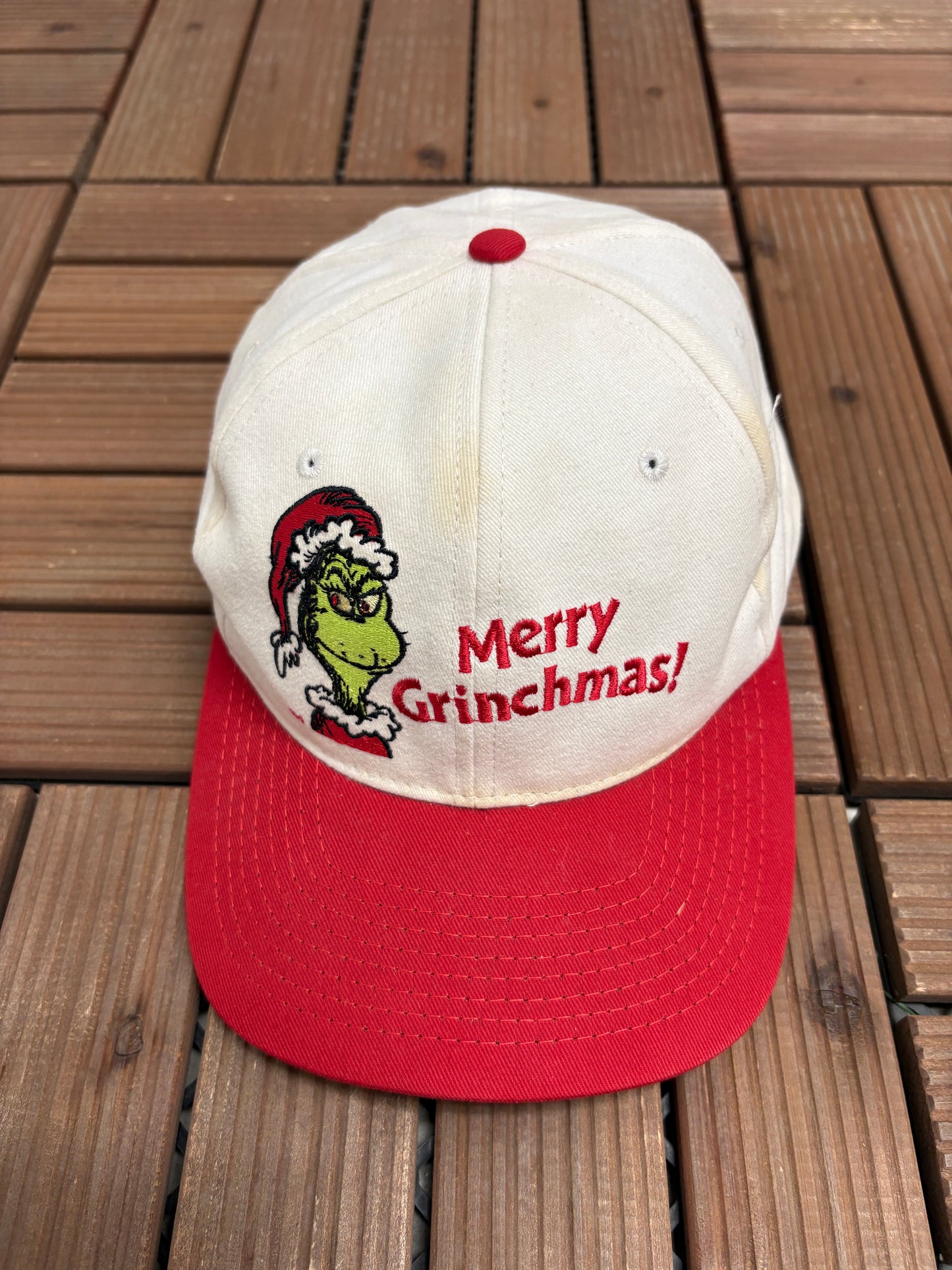 The Grinch Merry Grinchmas! Graphic Hat | Snap Back | Vintage 1990s Promotional White Cap |