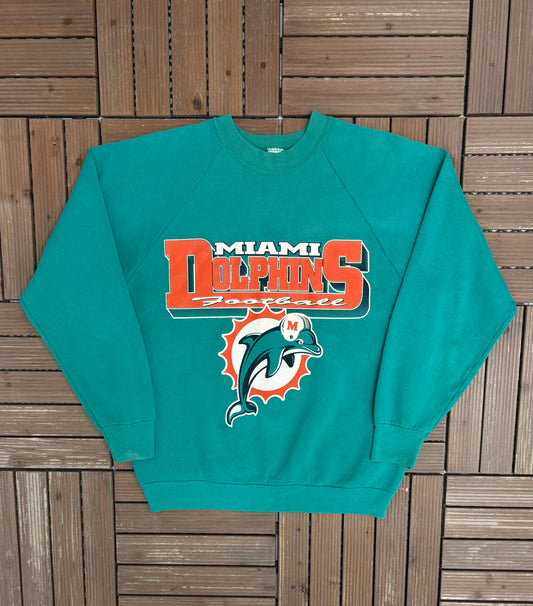 Miami Dolphins Football Graphic Crewneck | Size Large | Vintage 1980s NFL Football Teal Sweater |