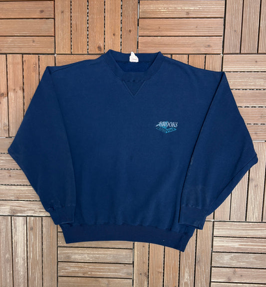 Brooks Athletics Embroidered Graphic Crewneck | Size Large | Vintage 1990s Branded Blue Sweater |
