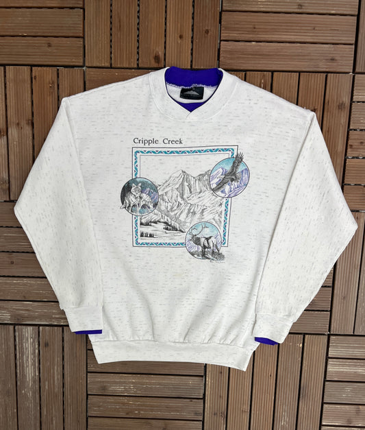 Cripple Creek, Colorado Graphic Crewneck | Size Large | Vintage 1990s Promotional Grey Sweater |