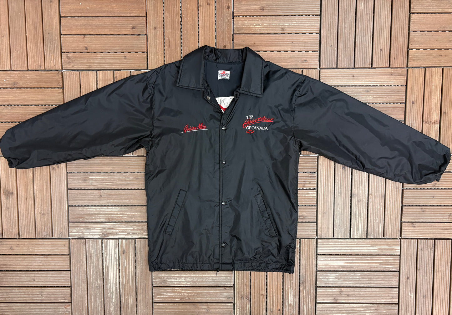 Chevrolet The Heartbeat of Canada Embroidered Jacket | Size Medium | Vintage 1990s Promotional Black Jacket |