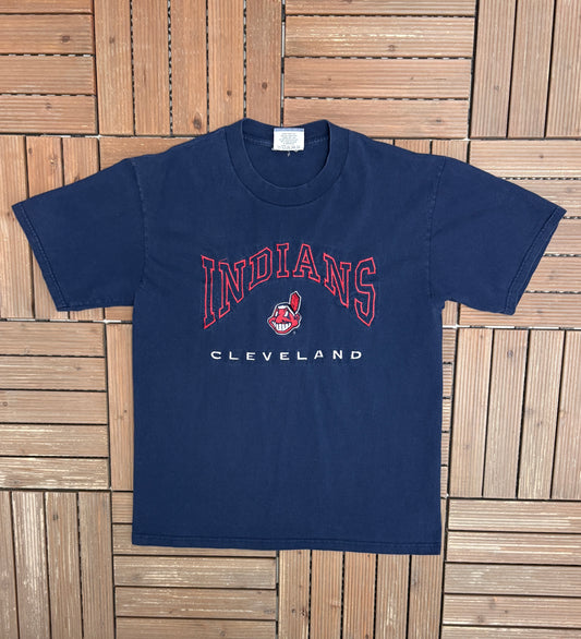 Cleveland Indians Embroidered Graphic Tee | Size Large | Vintage 1990s MLB Baseball Blue T-Shirt |