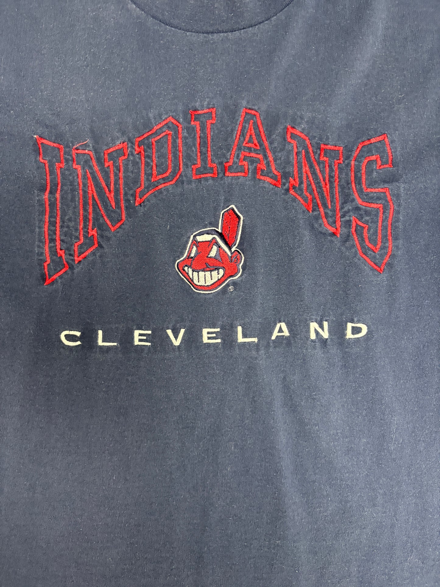 Cleveland Indians Embroidered Graphic Tee | Size Large | Vintage 1990s MLB Baseball Blue T-Shirt |