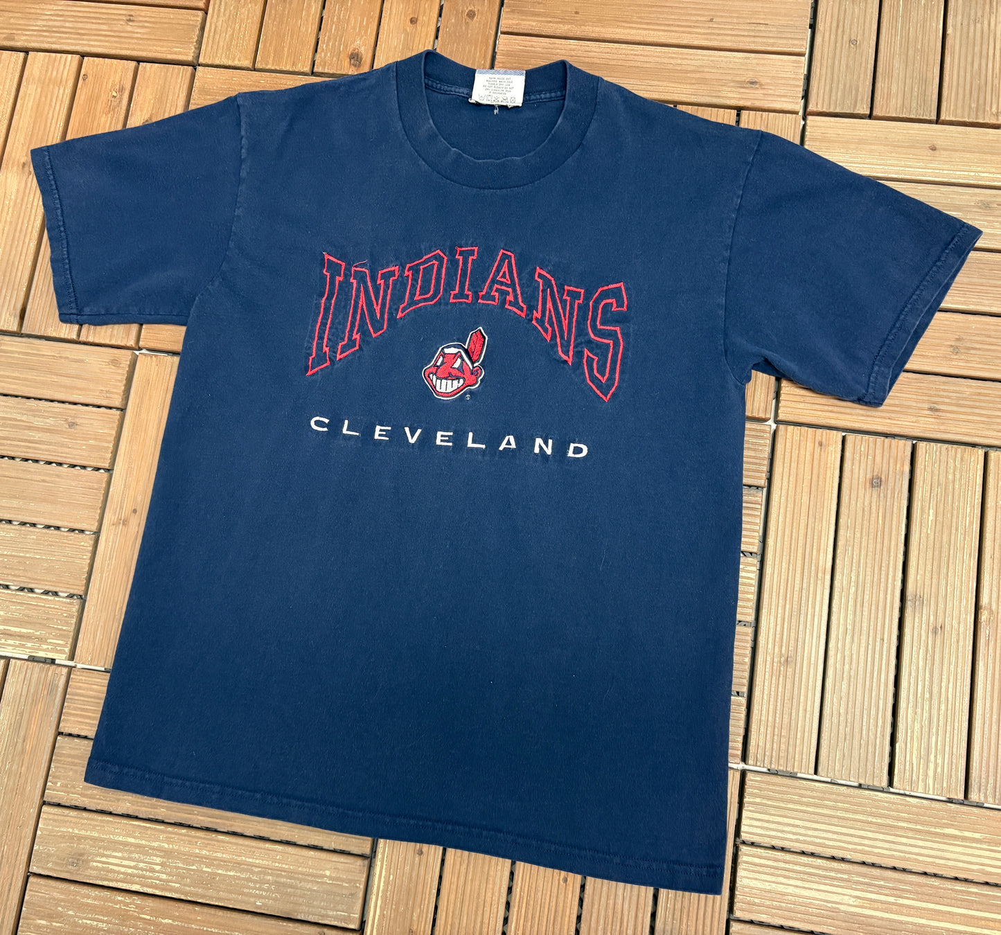 Cleveland Indians Embroidered Graphic Tee | Size Large | Vintage 1990s MLB Baseball Blue T-Shirt |