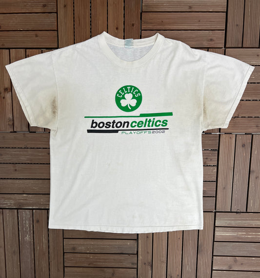 Boston Celtics Playoffs 2002 Graphic Tee | Size X-Large | Vintage 2000s NBA Basketball White T-Shirt |