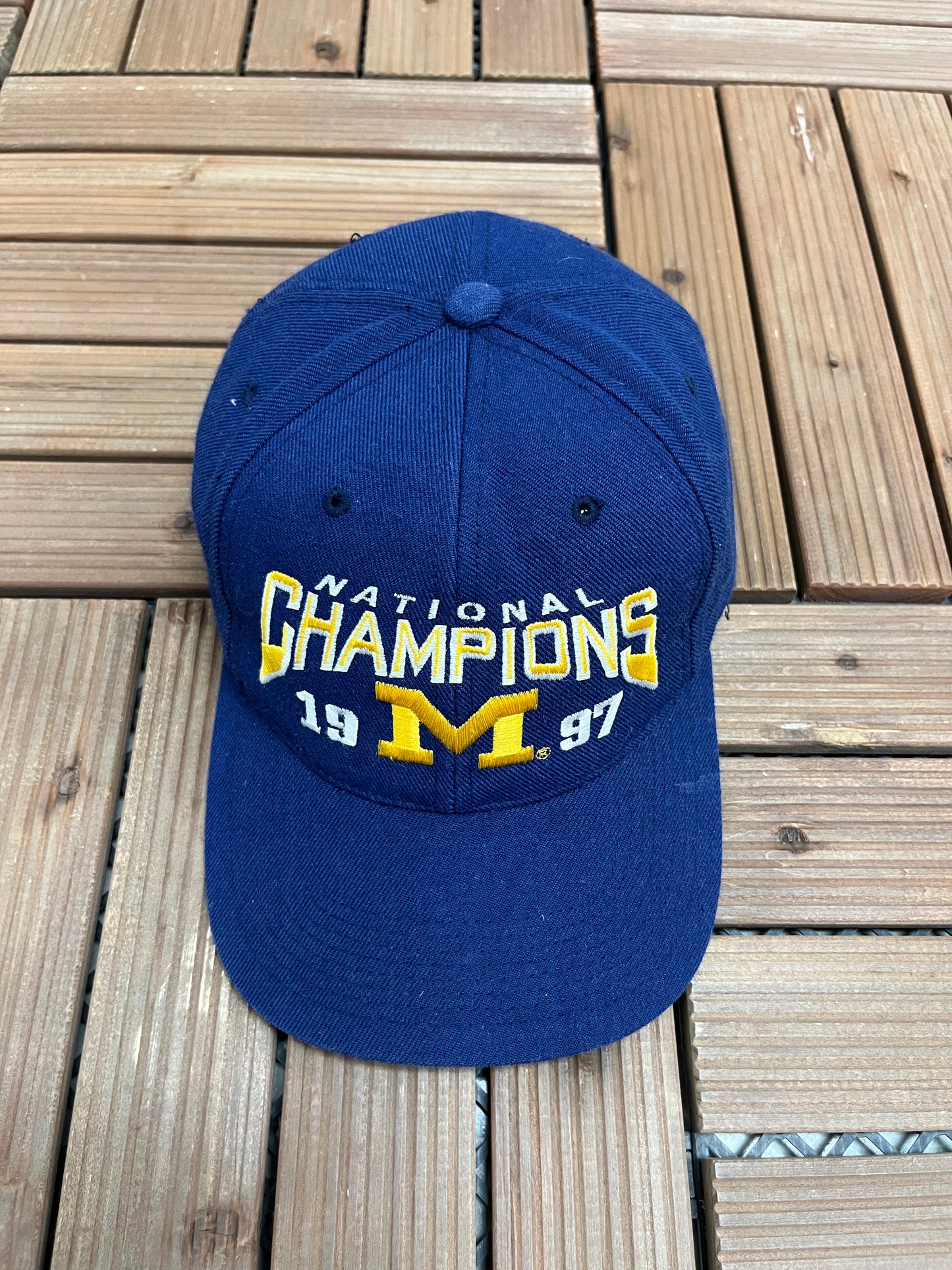 Michigan Wolverines National Champions 1997 Graphic Hat | Snap Back | Vintage 1990s College Sports Specialties Blue Cap |