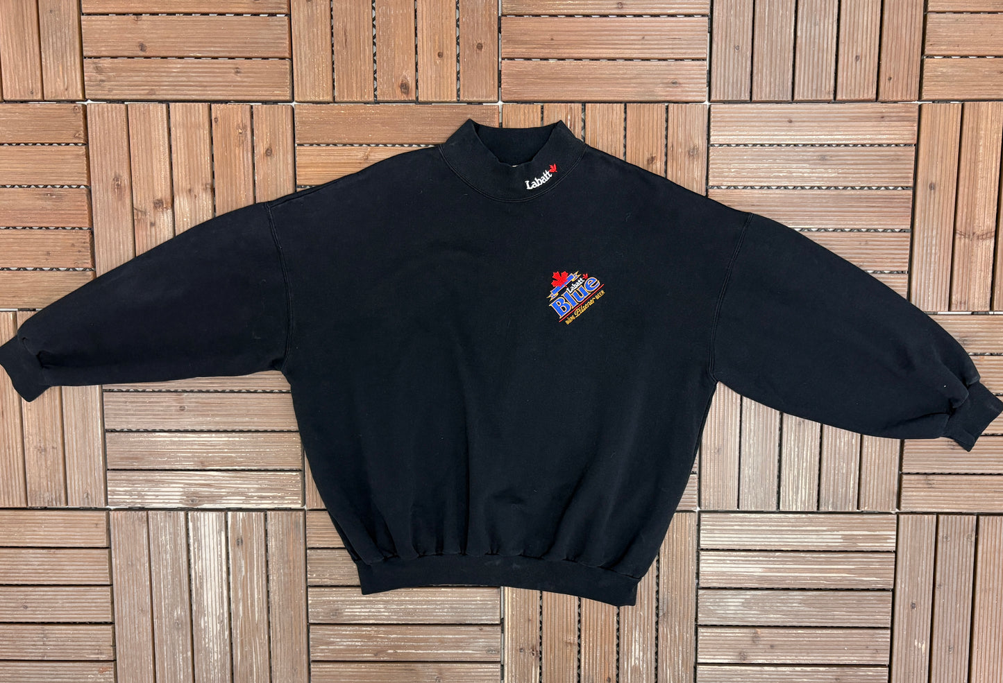 Labatt Blue Beer Graphic Crewneck | Size Large | Vintage 1990s Promotional Black Sweater |