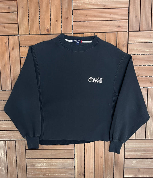 Coca-Cola Embroidered Graphic Crewneck | Size Large | Vintage 1990s Promotional Black Sweater |