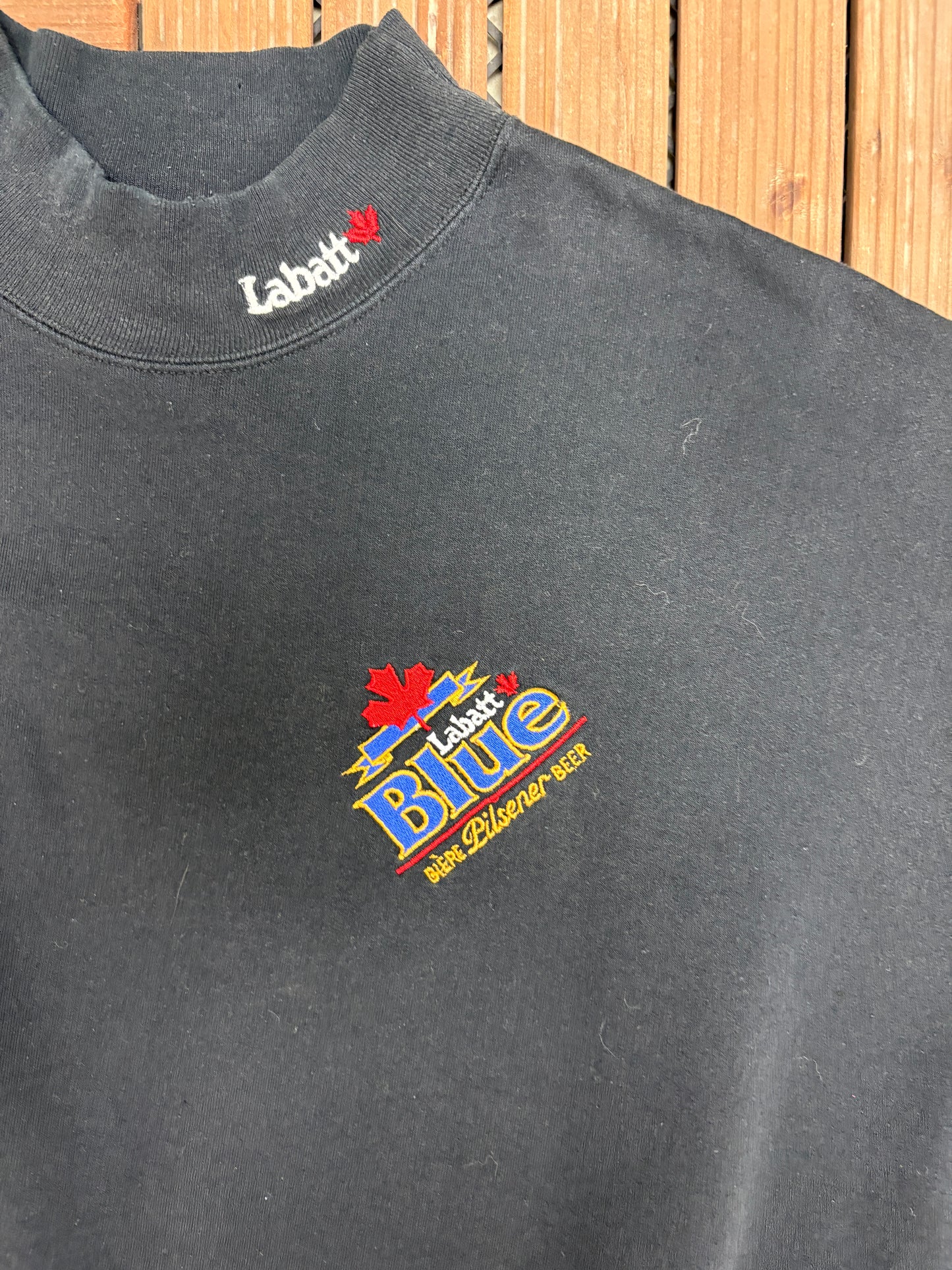 Labatt Blue Beer Graphic Crewneck | Size Large | Vintage 1990s Promotional Black Sweater |