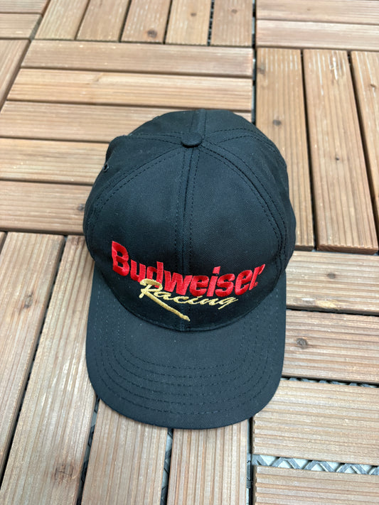 Budweiser Racing Embroidered Graphic Hat | Snap Back | Vintage 1990s Promotional Black Cap |