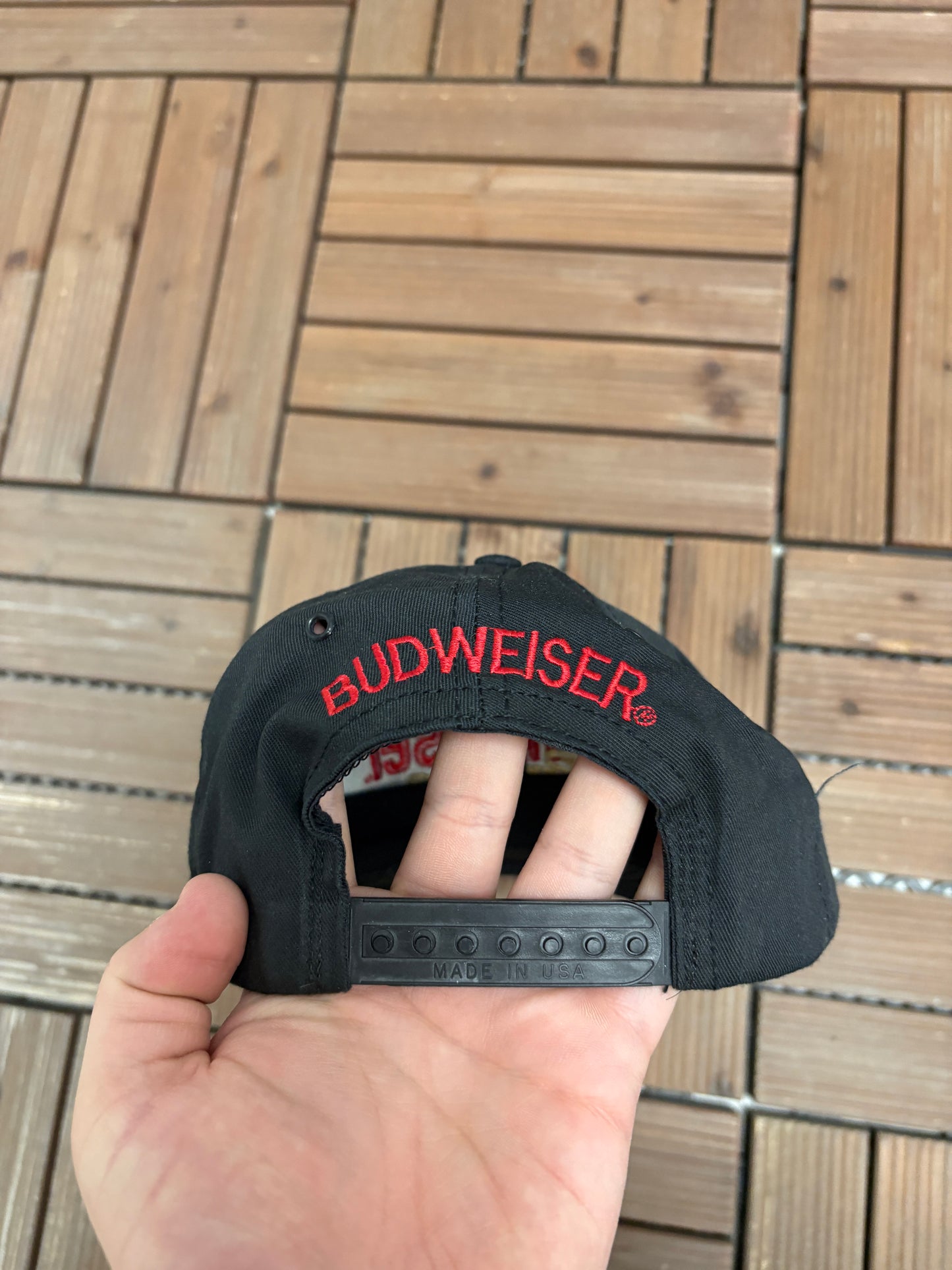 Budweiser Racing Embroidered Graphic Hat | Snap Back | Vintage 1990s Promotional Black Cap |