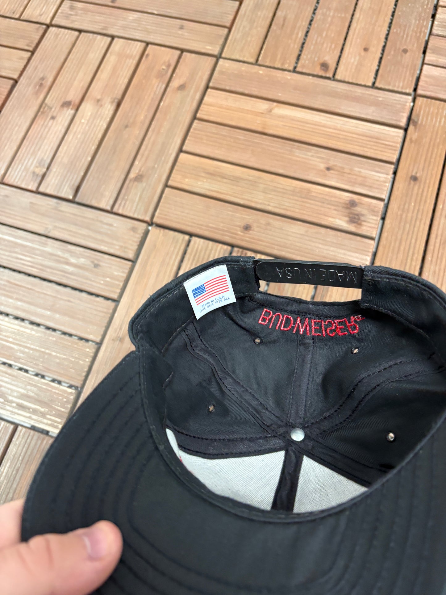 Budweiser Racing Embroidered Graphic Hat | Snap Back | Vintage 1990s Promotional Black Cap |