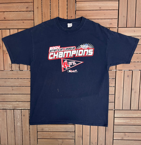 Boston Red Sox 2004 American League Champions Graphic Tee | Size X-Large | Vintage 2000s Promotional MLB Baseball Blue T-Shirt |