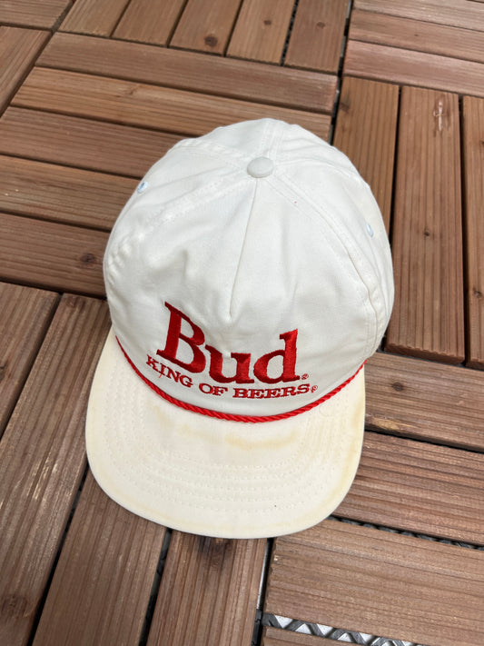 Budweiser King Of Beers Embroidered Graphic Hat | Snap Back | Vintage 2000s Promotional White Cap |