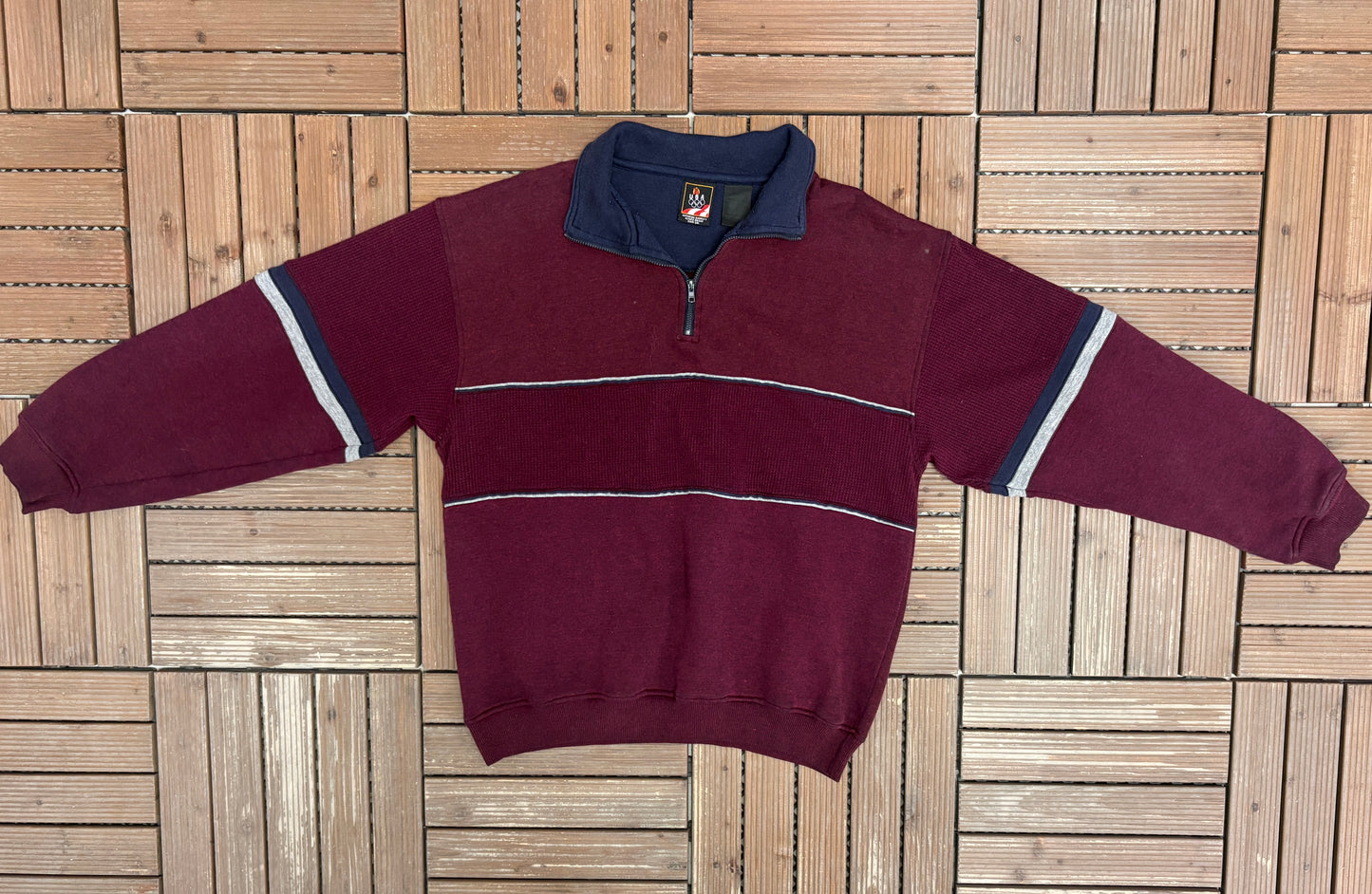 Maroon Striped Quarter Zip Sweater | Size Large | Vintage 1990s Blank Red Sweatshirt |
