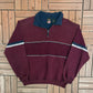 Maroon Striped Quarter Zip Sweater | Size Large | Vintage 1990s Blank Red Sweatshirt |