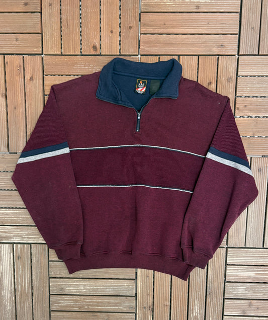 Maroon Striped Quarter Zip Sweater | Size Large | Vintage 1990s Blank Red Sweatshirt |