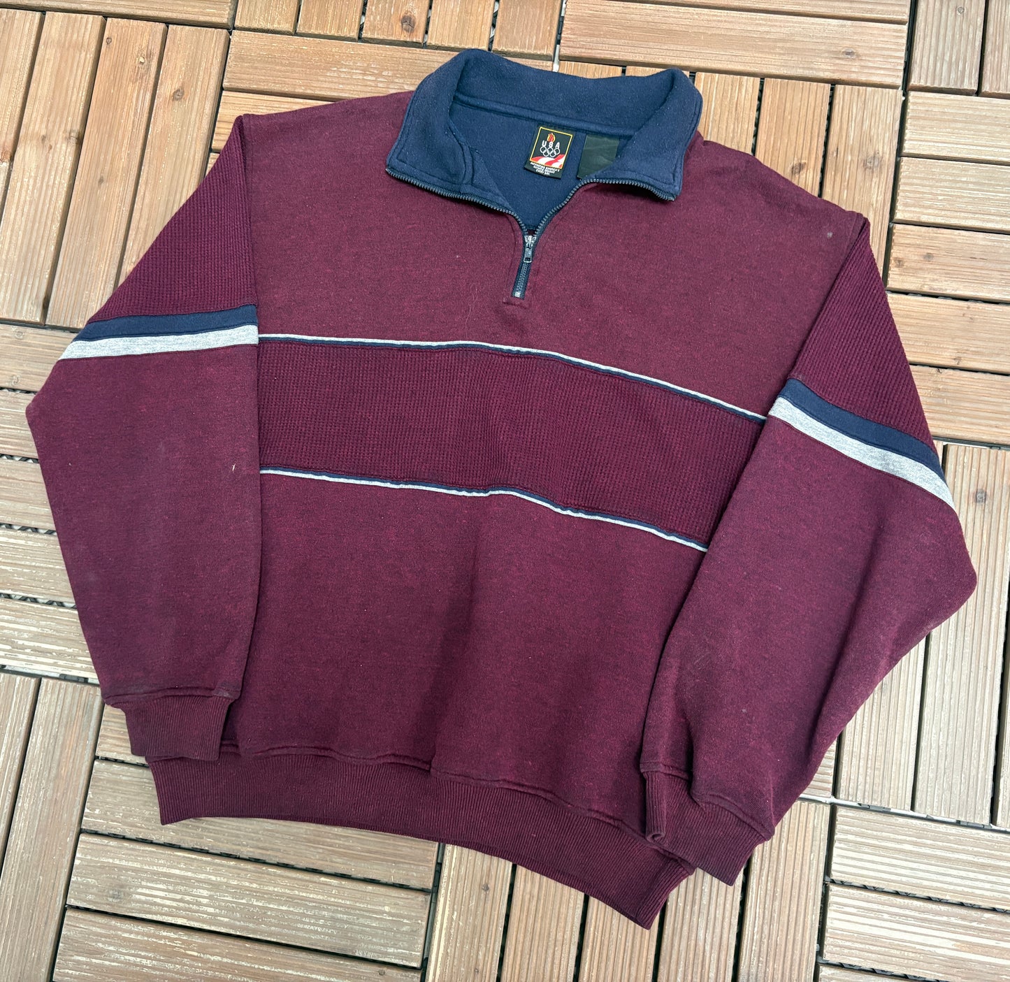 Maroon Striped Quarter Zip Sweater | Size Large | Vintage 1990s Blank Red Sweatshirt |