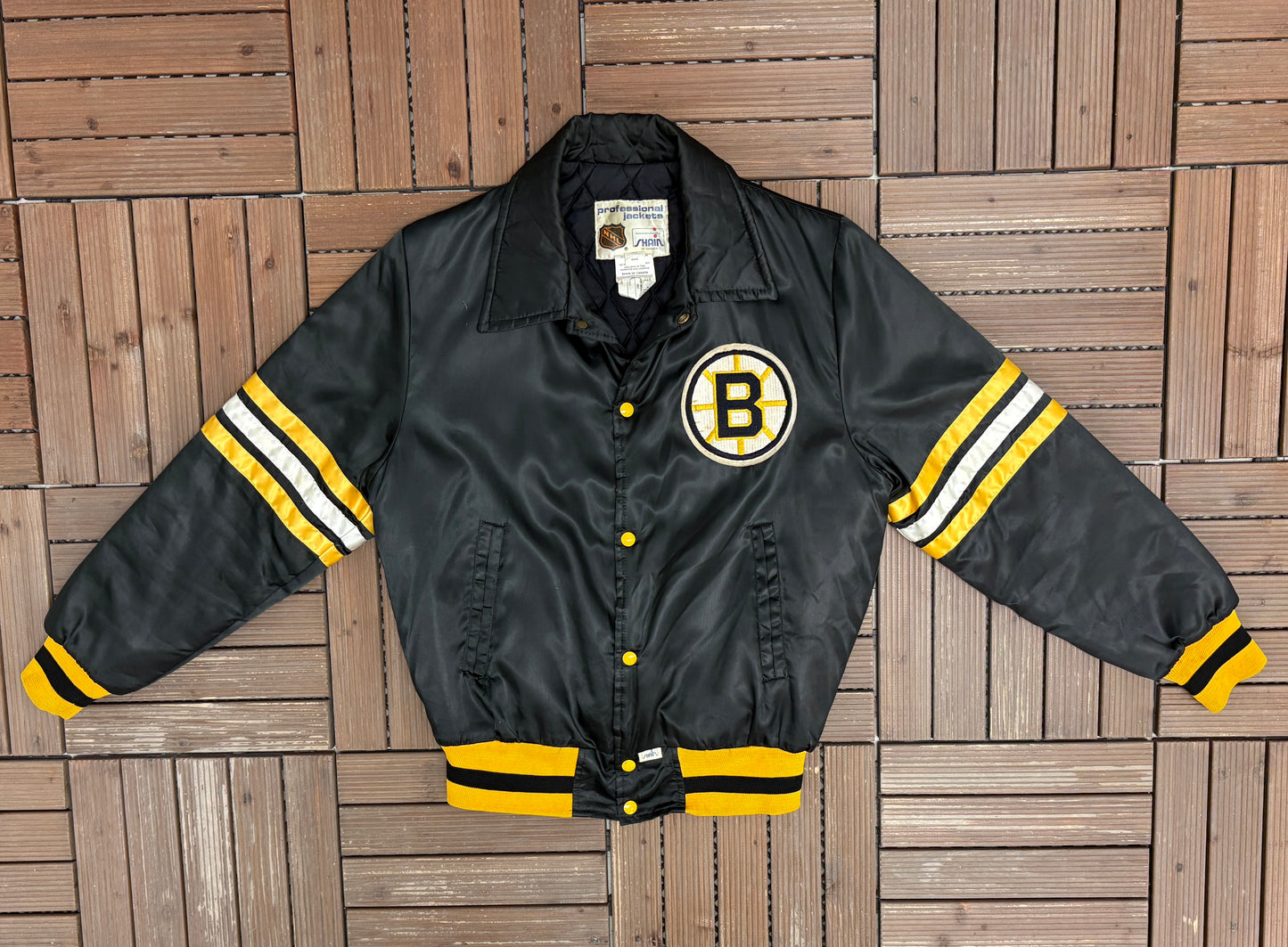 Boston Bruins Graphic Jacket | Size Medium | Vintage 1990s NHL Hockey Black Jacket |