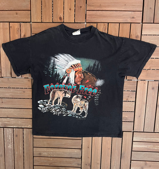 Forever Free Native & Wolf Graphic Tee | Size Large | Vintage 1990s Scenic Animal Black T-Shirt |