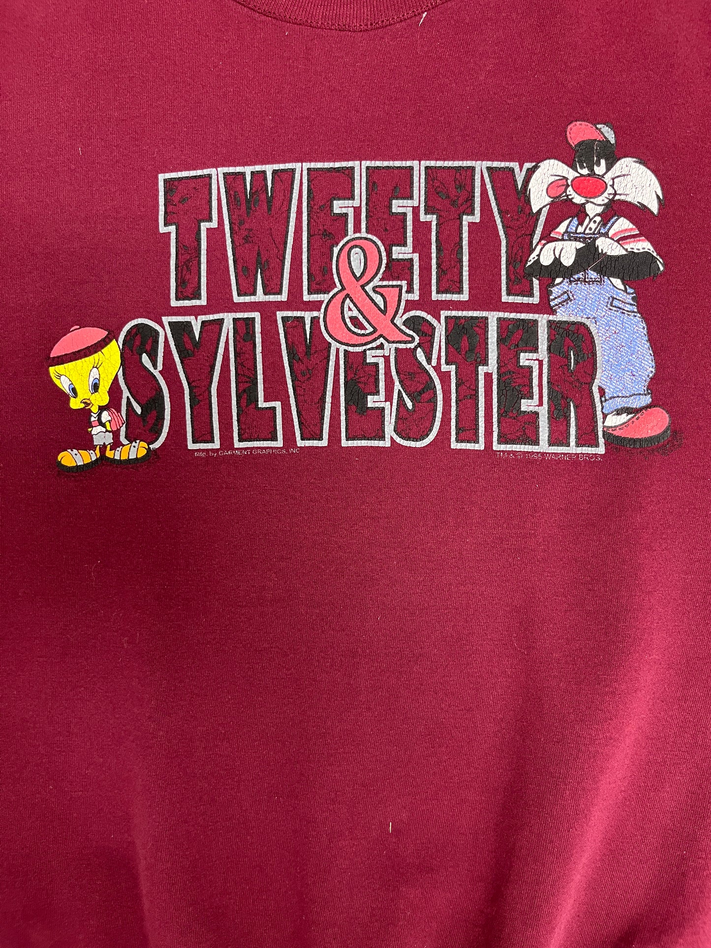 Tweety & Sylvester Graphic Crewneck | Size Large | Vintage 1990s Red Cartoon Promotional Sweater | Made in USA |