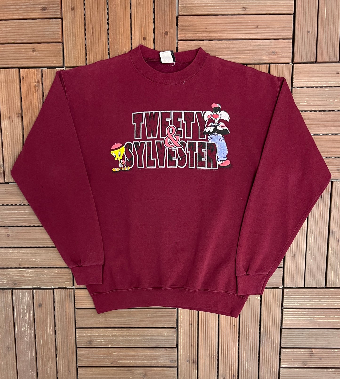 Tweety & Sylvester Graphic Crewneck | Size Large | Vintage 1990s Red Cartoon Promotional Sweater | Made in USA |