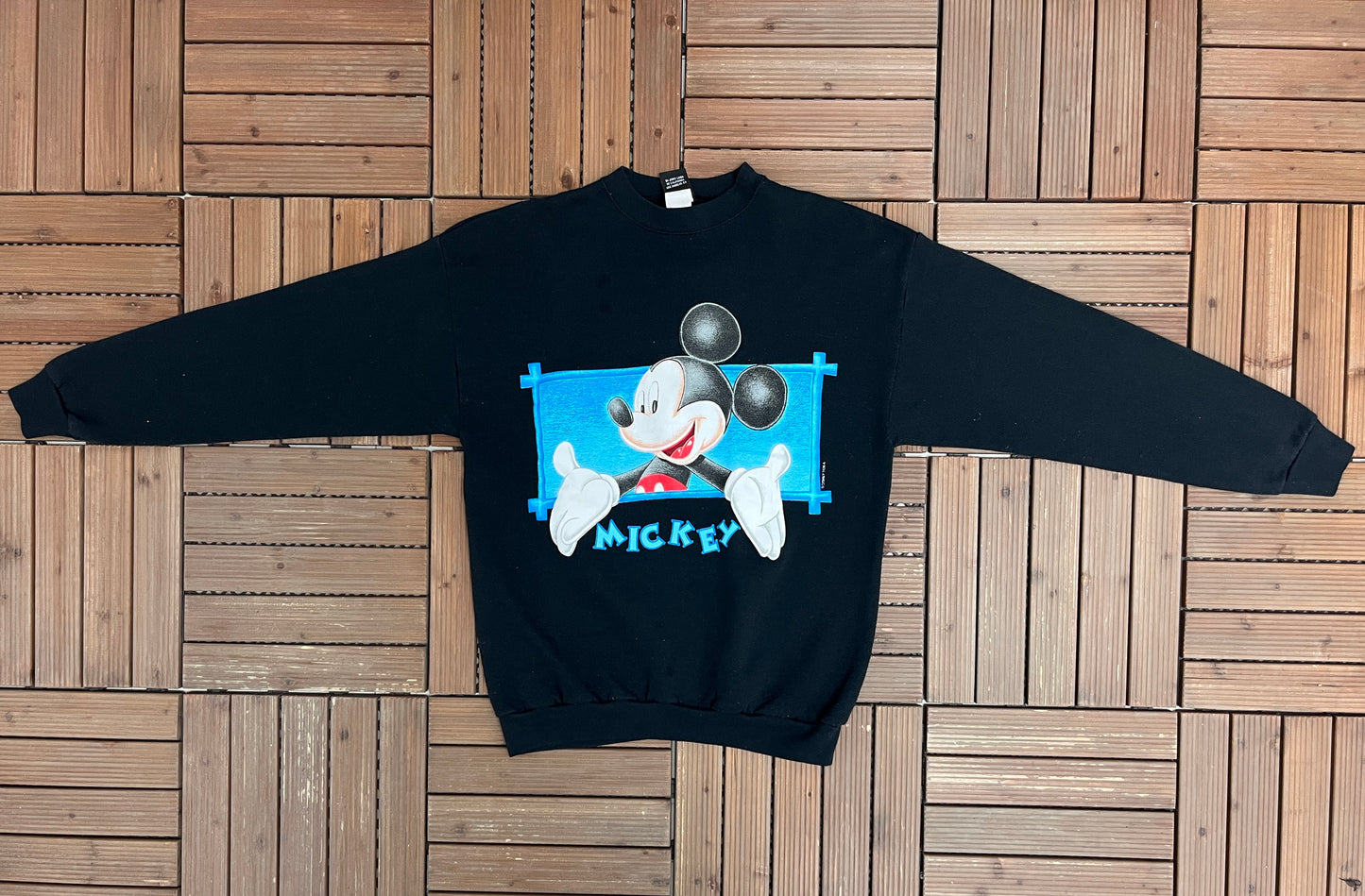 Mickey Mouse Disney Graphic Crewneck | Size Large | Vintage 1990s Promotional Cartoon Black Sweatshirt |