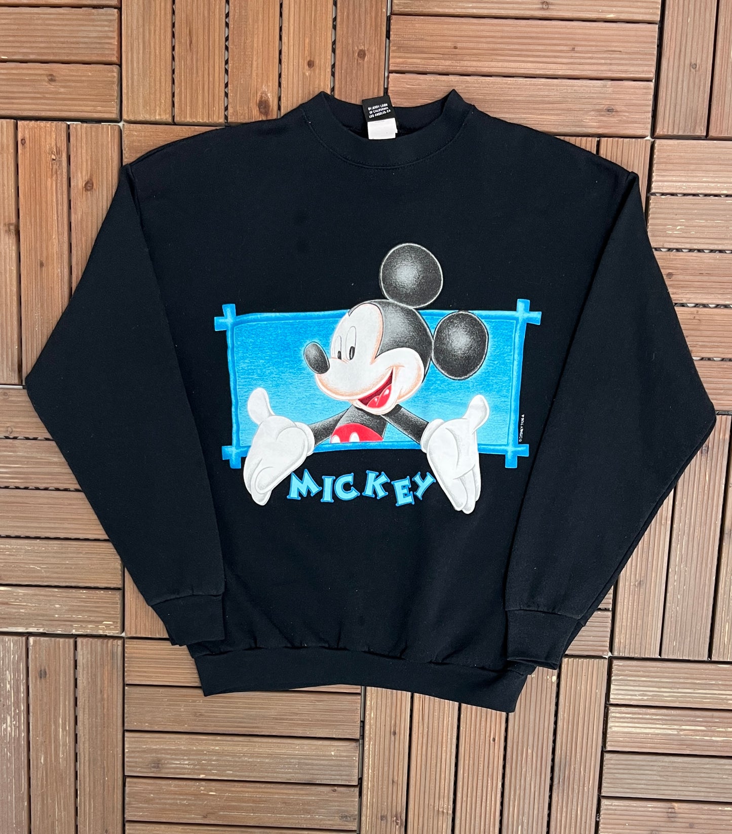 Mickey Mouse Disney Graphic Crewneck | Size Large | Vintage 1990s Promotional Cartoon Black Sweatshirt |