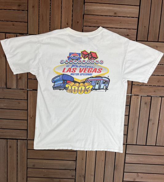 Campground At Las Vegas Motor Speedway Graphic Tee | Size Large | Vintage 2000s White NASCAR Racing T-Shirt |