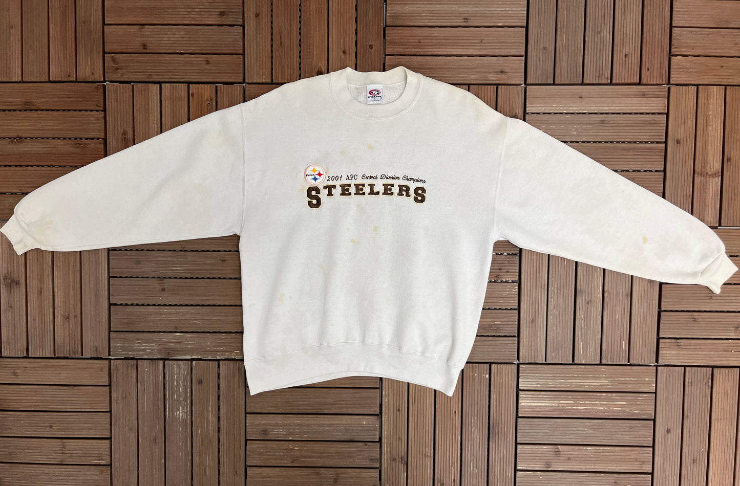 Pittsburgh Steelers 2001 AFC Central Champions Graphic Crewneck | Size Large | Vintage 2000s Football White Sweater |