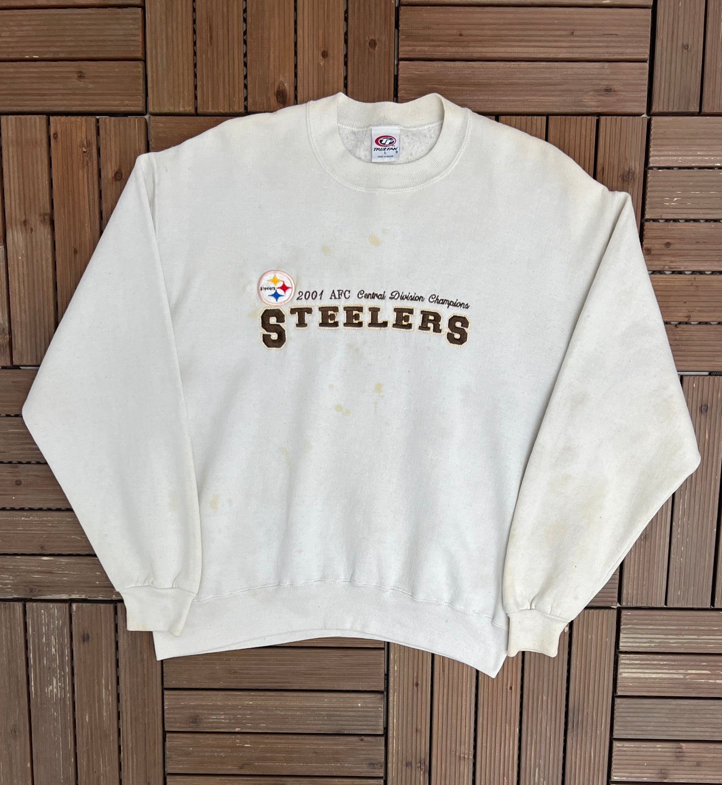 Pittsburgh Steelers 2001 AFC Central Champions Graphic Crewneck | Size Large | Vintage 2000s Football White Sweater |