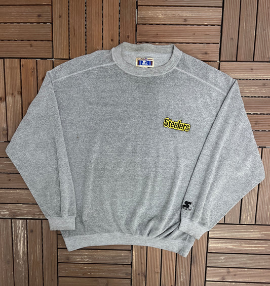 Pittsburgh Steelers Graphic Fleece Crewneck | Size X-Large | Vintage 1990s NFL Football Grey Sweater |