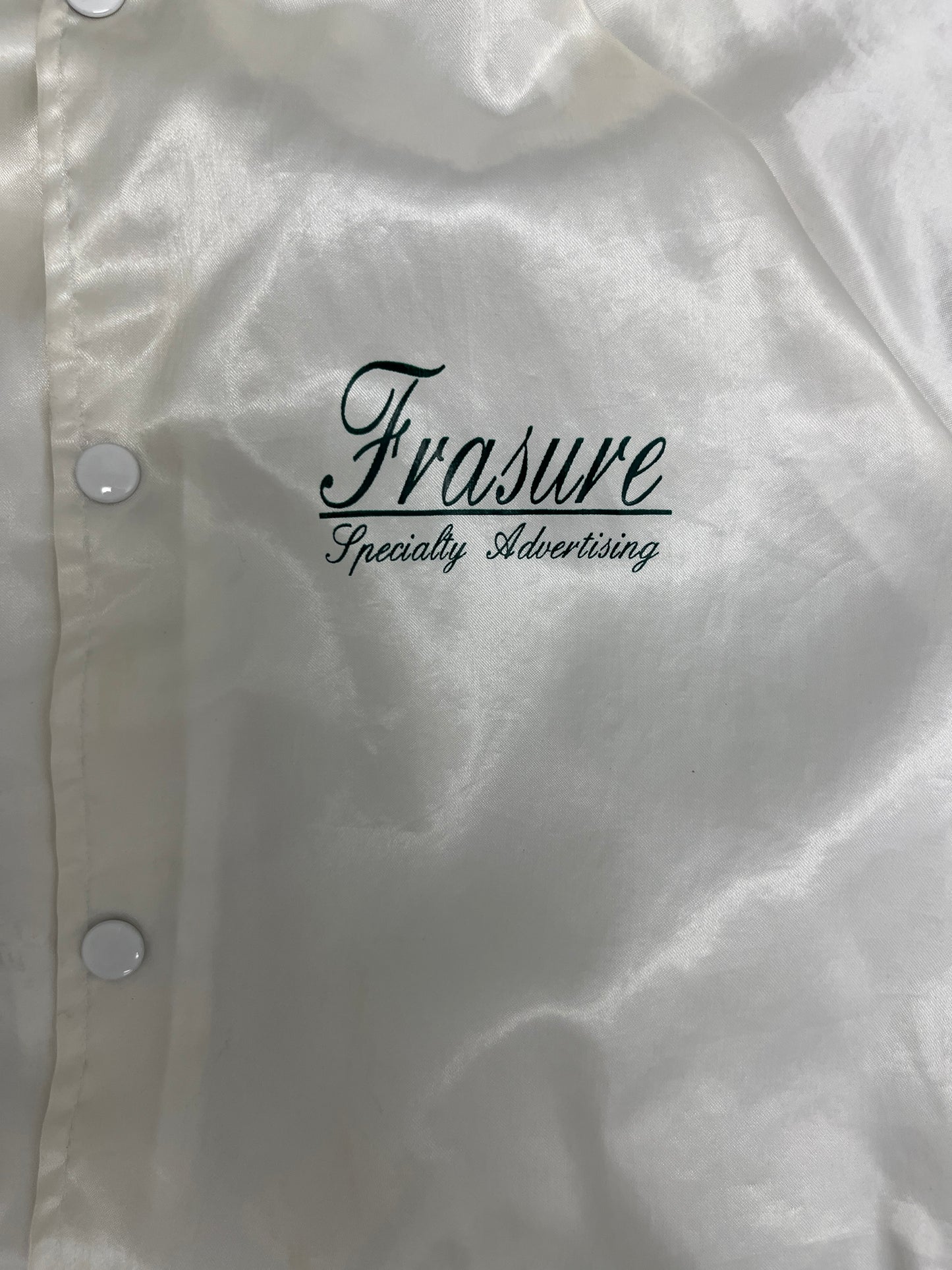 Frasure Specialty Advertising Graphic Varsity Jacket | Size X-Large | Vintage 1990s White Varsity Bomber Coat |