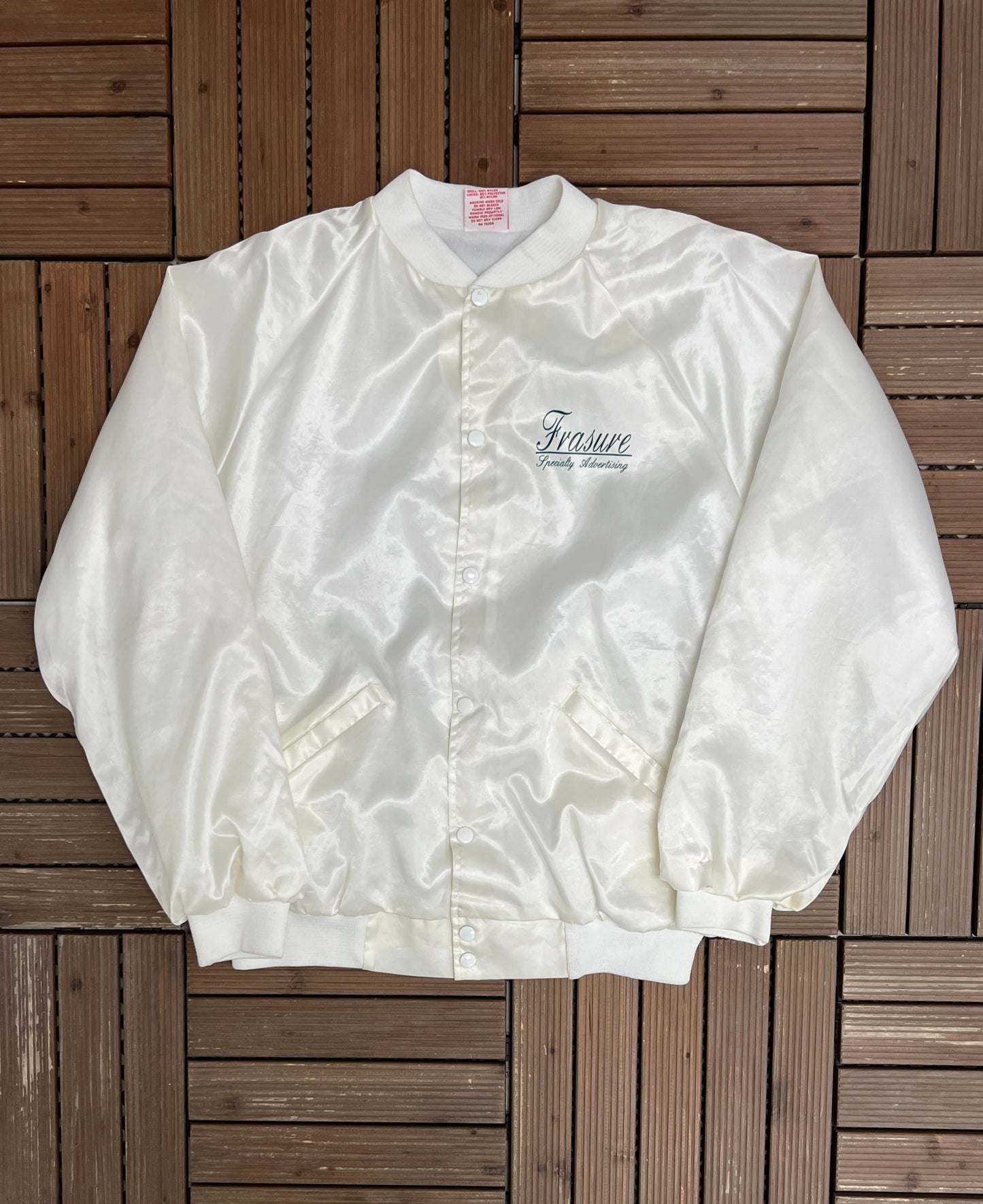 Frasure Specialty Advertising Graphic Varsity Jacket | Size X-Large | Vintage 1990s White Varsity Bomber Coat |