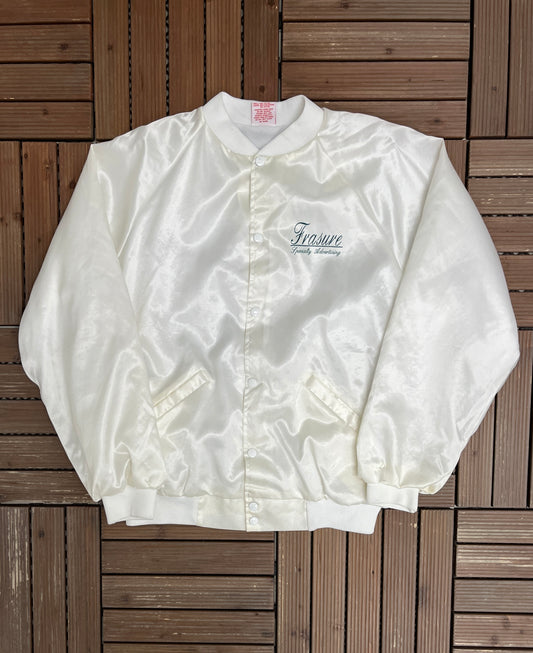 Frasure Specialty Advertising Graphic Varsity Jacket | Size X-Large | Vintage 1990s White Varsity Bomber Coat |