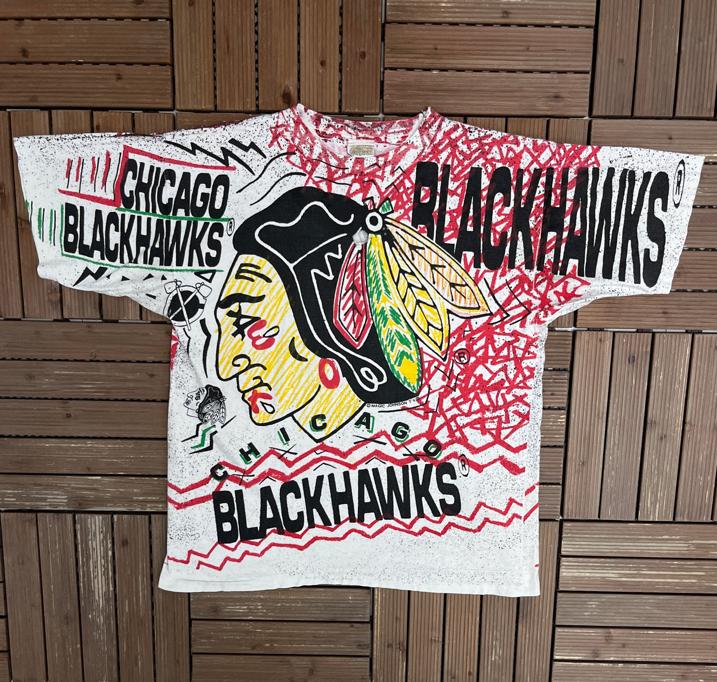 Chicago Blackhawks All Over Print Graphic Tee | Size X-Large | Vintage 1990s NHL Hockey White T-Shirt |