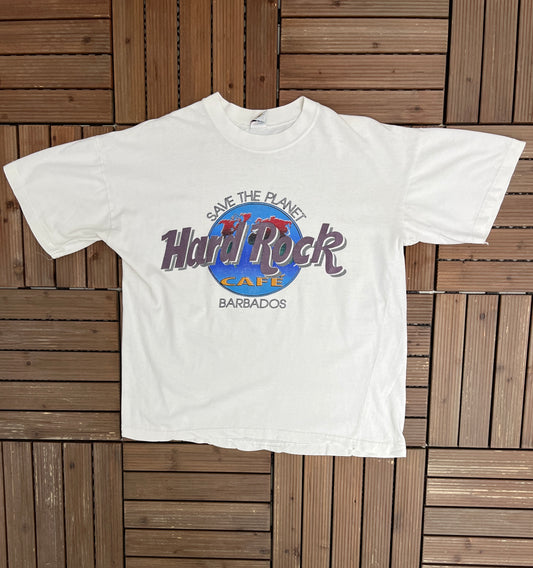 Hard Rock Cafe Save The Planet Barbados Graphic Tee | Size Large | Vintage 1990s Promotional Classic White Collectors T-Shirt |